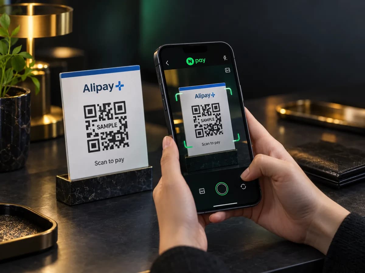 네이버페이 앱으로 샘플 Alipay+ QR을 촬영하는 결제 방법 예시